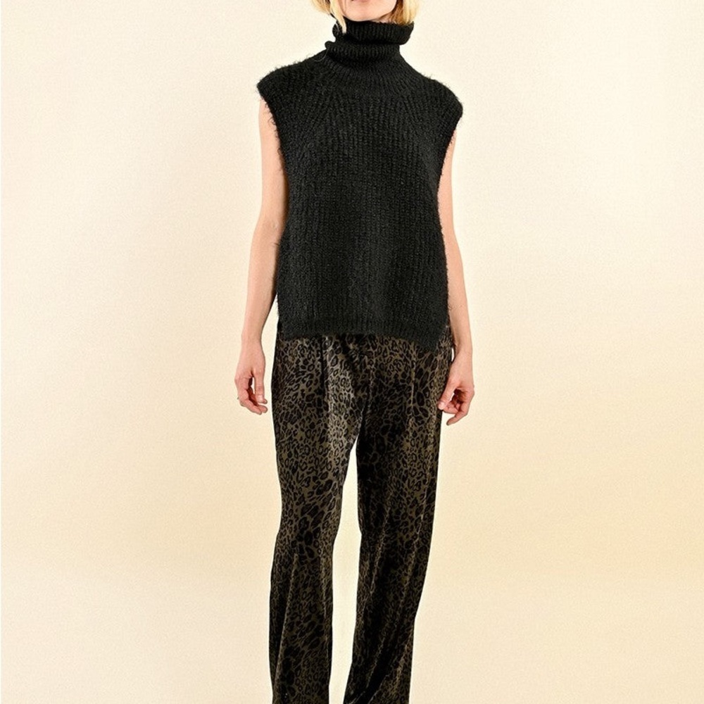 Molly Bracken Sleeveless Openwork Sweater w/ Turtleneck